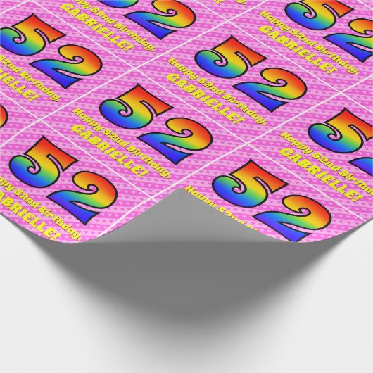 52誕生日：ピンクストライプのハート、レインボー# 52 ラッピングペーパー (角)