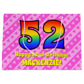 52誕生日：ピンクストライプのハート、レインボー# 52 ラージペーパーバッグ (正面)