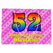 52誕生日：ピンクストライプのハート、レインボー# 52 ラージペーパーバッグ (裏面)