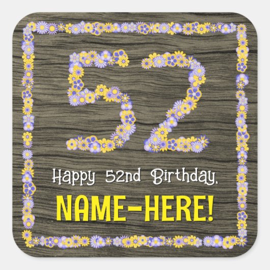 52誕生日:フローラ番号、フェイク木目、名前 スクエアシール (正面)