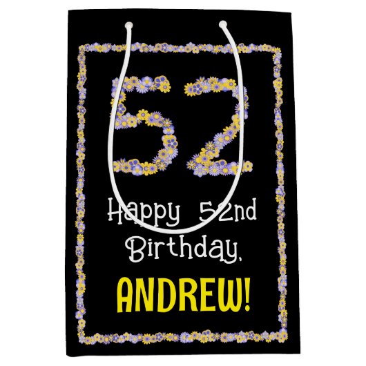 52誕生日:フローラ花数名前をカスタムする ミディアムペーパーバッグ (正面)