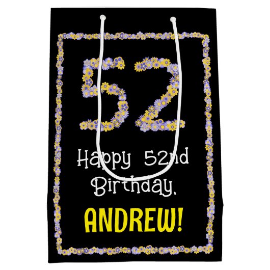 52誕生日:フローラ花数名前をカスタムする ミディアムペーパーバッグ (裏面)