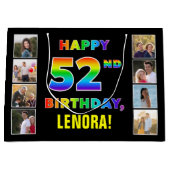 52誕生日：レインボー文字カスタム、写真&名前 ラージペーパーバッグ (正面)
