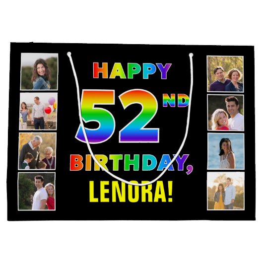 52誕生日：レインボー文字カスタム、写真&名前 ラージペーパーバッグ (裏面)