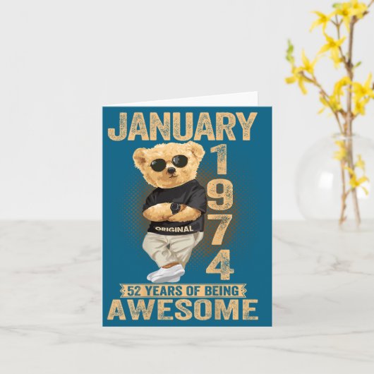 52 Year Old January 1974 Teddy Bear 52nd Birthday  カード (黄色い花)