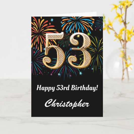53位の誕生日、虹の花火が黒と金ゴールド カード (黄色い花)