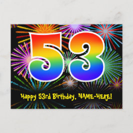 53歳の誕生日おめでとう!楽しい花火模様+虹53 ポストカード