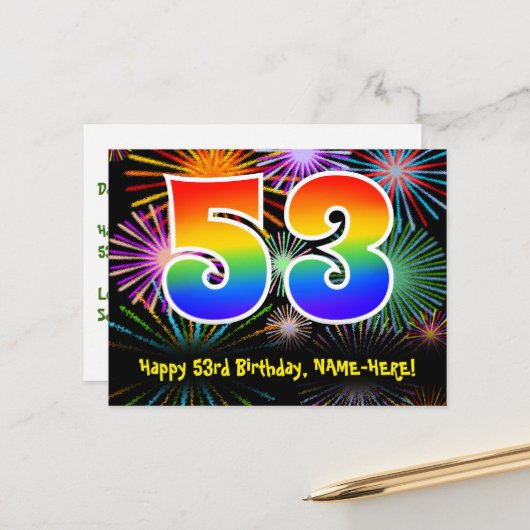 53歳の誕生日おめでとう!楽しい花火模様+虹53 ポストカード (正面/裏面インサイチュ)
