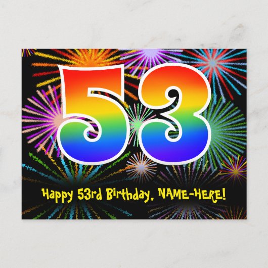 53歳の誕生日おめでとう!楽しい花火模様+虹53 ポストカード (正面)