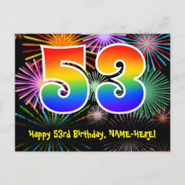 53歳の誕生日おめでとう！楽しい花火模様＋虹53 ポストカード