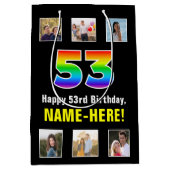 53歳の誕生日お祝い: レインボー “53“ 名前と写真入り ミディアムペーパーバッグ (正面)