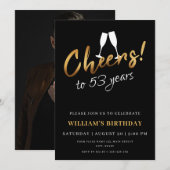 53歳の誕生日を記念するゴールドブラックの大人フォト 招待状 (正面/裏面)