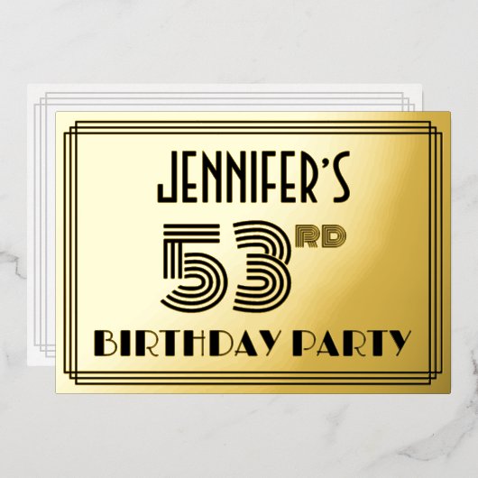 53歳の誕生日パーティー - アールデコ調「53」と名前 箔招待状 (正面/裏面)
