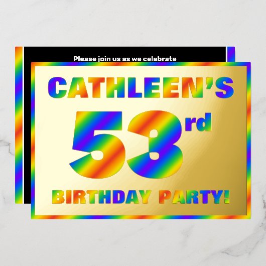 53歳の誕生日パーティー - 楽しい虹のスペクトル「53」 箔招待状 (正面/裏面)