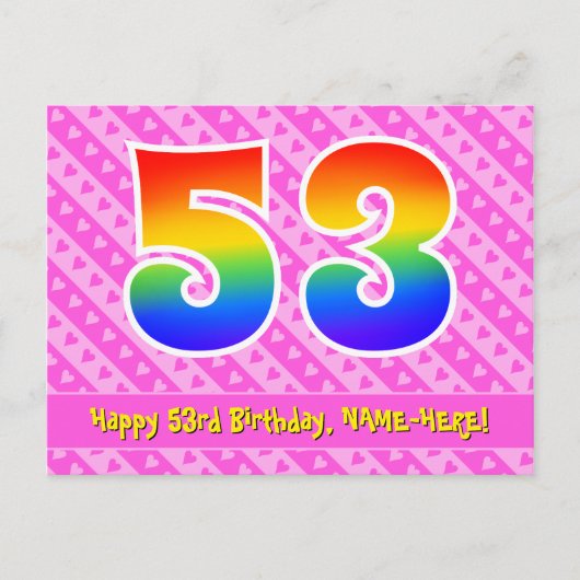 53歳の誕生日：ピンクのストライプとハート、虹色の53 ポストカード (正面)