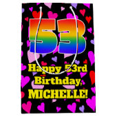 53歳の誕生日:ラブハート柄 虹色 # 53 ミディアムペーパーバッグ (正面)