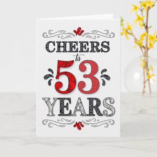 53番目の誕生日応援の赤い白の黒いパターン カード (黄色い花)