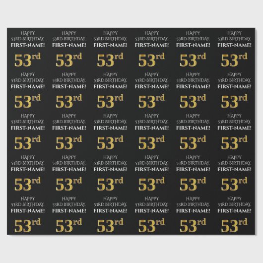 53番目の誕生日: エレガント、黒、フェイク金ゴールドルック ラッピングペーパー (フラット)