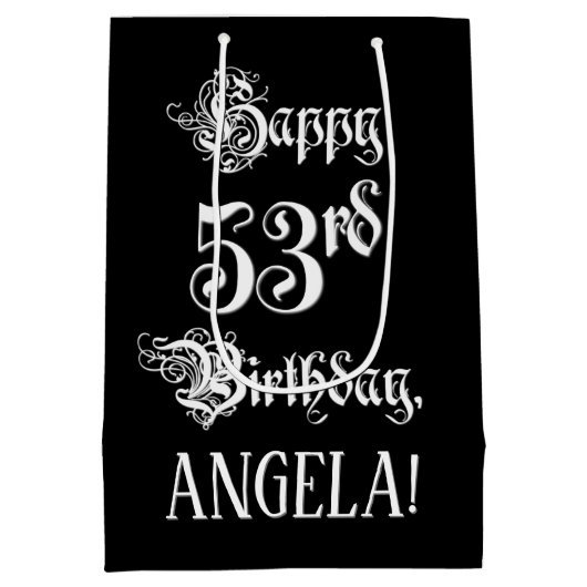 53番目の誕生日: ファンシー、スクリプエレガントト+名前をカスタムする ミディアムペーパーバッグ (裏面)