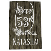 53番目の誕生日: ファンシー, フェイク Wood Look +名前をカスタムする ミディアムペーパーバッグ (正面)