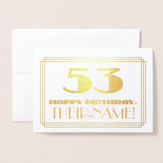 53番目の誕生日、名前+アールデコのインスパイア外観「53」 箔カード (封筒付き正面)