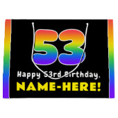 53誕生日カラフル: Rainbow # 53,名前をカスタムする ラージペーパーバッグ (正面)