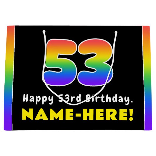 53誕生日カラフル: Rainbow # 53,名前をカスタムする ラージペーパーバッグ (正面)