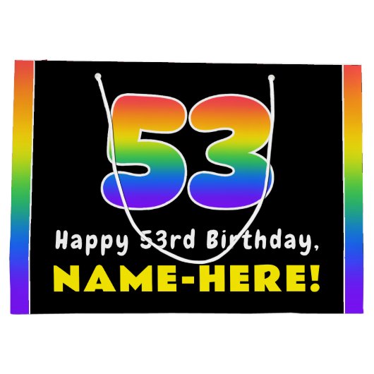 53誕生日カラフル: Rainbow # 53,名前をカスタムする ラージペーパーバッグ (裏面)
