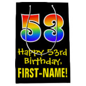 53誕生日:おもしろいはっきりした、カラフルレインボー「53」 ミディアムペーパーバッグ (正面)
