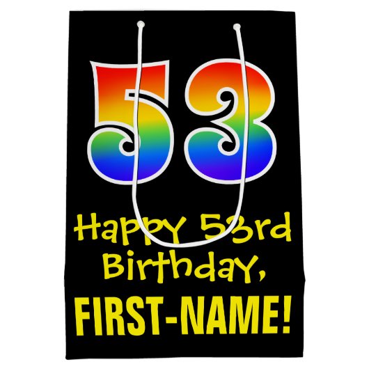 53誕生日:おもしろいはっきりした、カラフルレインボー「53」 ミディアムペーパーバッグ (裏面)