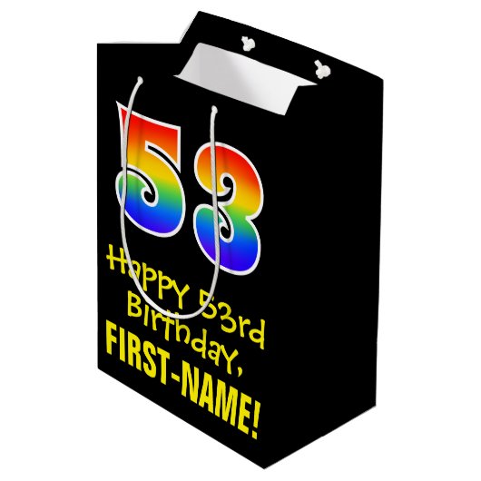 53誕生日:おもしろいはっきりした、カラフルレインボー「53」 ミディアムペーパーバッグ (裏面アングル)