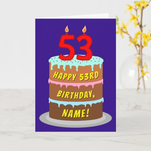 53誕生日:おもしろいケーキとキャンドル+名前をカスタムする カード (黄色い花)