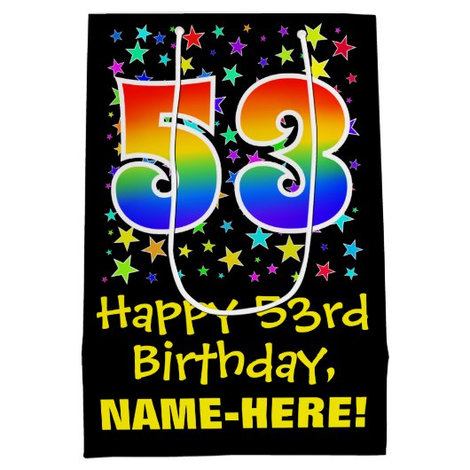53誕生日:カラフル星パターン&レインボー53 ミディアムペーパーバッグ (裏面)