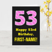 53誕生日:ピンクストライプのハートと53" +名前 カード (黄色い花)