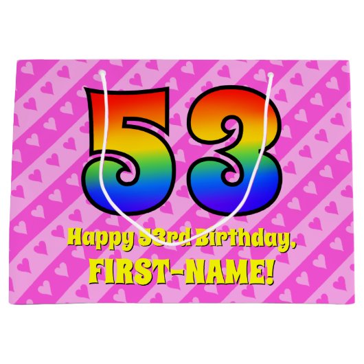 53誕生日:ピンクストライプのハート、レインボー# 53 ラージペーパーバッグ (正面)