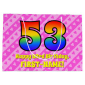 53誕生日:ピンクストライプのハート、レインボー# 53 ラージペーパーバッグ (裏面)