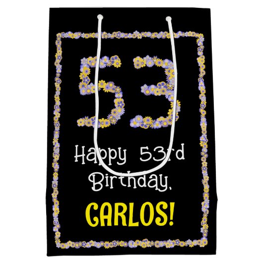 53誕生日:フローラ花数名前をカスタムする ミディアムペーパーバッグ (裏面)