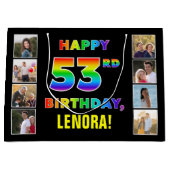 53誕生日：レインボー文字カスタム、写真&名前 ラージペーパーバッグ (正面)