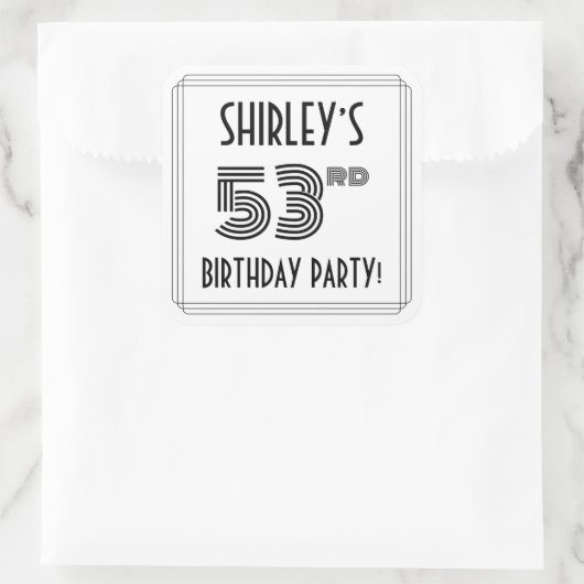 53rd誕生日パーティー：アールデコスタイル+名前をカスタムする スクエアシール (バッグ)