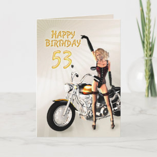 53rd Birthday card with a motorbike girl カード