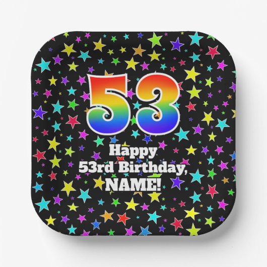 53rd Birthday: Fun Stars Pattern and Rainbow “53” ペーパープレート (正面)