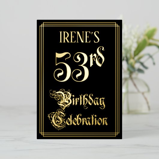 53rd Birthday Party – スクリプファンシートと名前をカスタムする 箔招待状 (立ち正面)