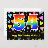 54歳の誕生日おめでとう：楽しいハート柄、虹54 ポストカード (正面/裏面)