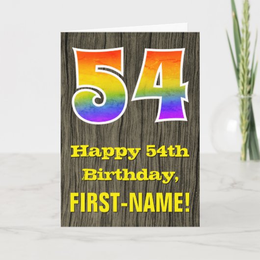 54歳の誕生日お祝い: ラスティックな木目調のデザインに虹色の"54" カード (正面)