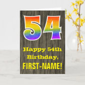 54歳の誕生日お祝い: ラスティックな木目調のデザインに虹色の"54" カード (黄色い花)