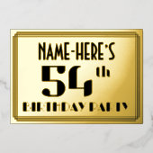 54歳の誕生日パーティー:アールデコスタイルの「54」と名前 箔招待状 (正面)