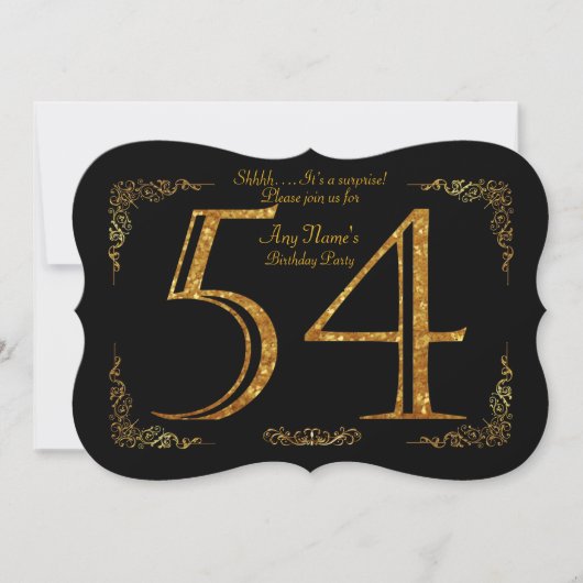 54歳の誕生日パーティー、偉大なギャツビー、ブラック&ゴールド 招待状 (正面)