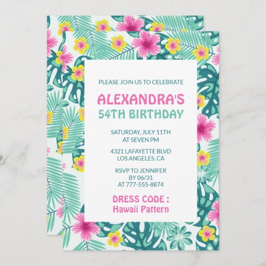 54歳の誕生日招待状ハイビスカスハワイフローラ 招待状 (正面/裏面)