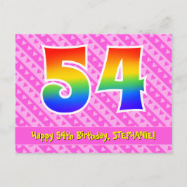 54歳の誕生日:ピンクのストライプとハート、レインボー54 ポストカード