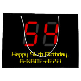 54歳の誕生日：赤いデジタル時計スタイルの"54" + 名前 ラージペーパーバッグ